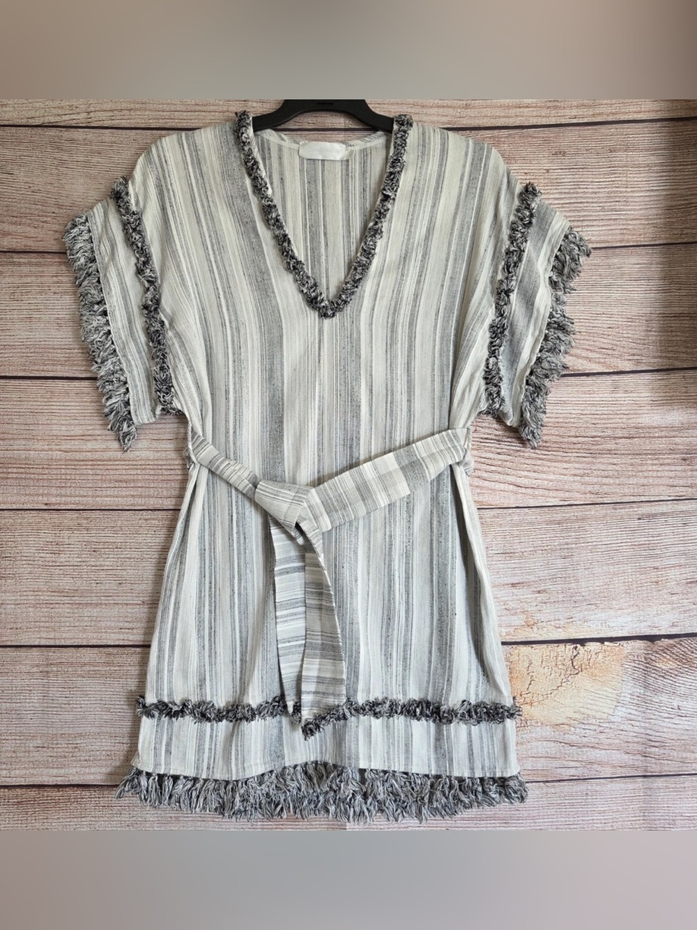 Zimmermann Belted Fringe Linen Dress – Grey Stripe, Size 1